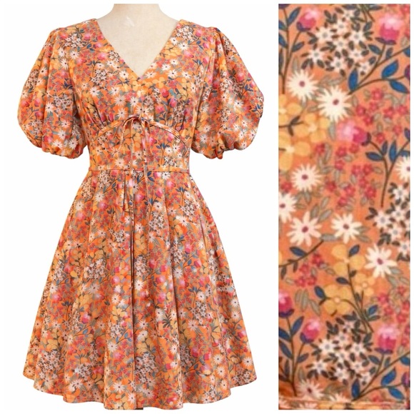 Fate Dresses & Skirts - Fate bubble puff sleeve boho floral dress, underbust tie bow- S